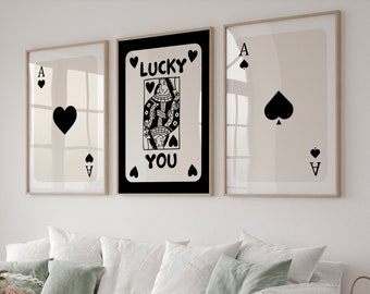 Set Of 3 Trendy Retro Wall Art, Black Ace Card Poster, Retro Trendy Aesthetic Print, Lucky You Poster, Funny Art, Trendy Wall Art, Digital