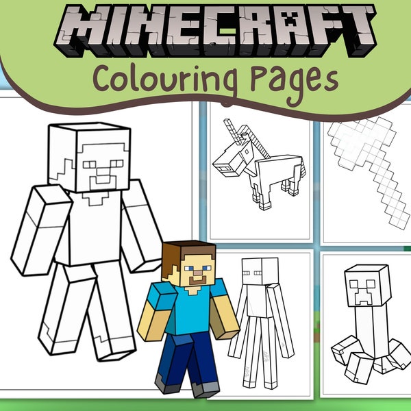Printable Minecraft Colouring Pages, Activity, Worksheet, Party Video Game, Steve, Creeper, Drawing, Colour, PDF, A4, Download, Fine Motor