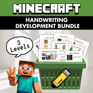 Pode incluir: Um pacote de desenvolvimento de escrita com o tema Minecraft. A imagem mostra uma cesta verde cheia de folhas de trabalho com as etiquetas "Trace & Try", "Opinion Writing" e "Story Starters". Um balão de fala diz "3 Levels". Um personagem pixelado de Steve também está presente.