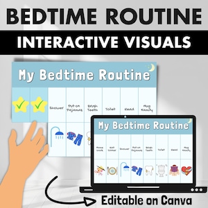 May include: A light blue bedtime routine chart with the text "My Bedtime Routine" and interactive visuals. The chart includes icons for shower, pajamas, brushing teeth, toilet, reading, and hugging family. The words "Bedtime Routine" and "Interactive Visuals" are at the top.