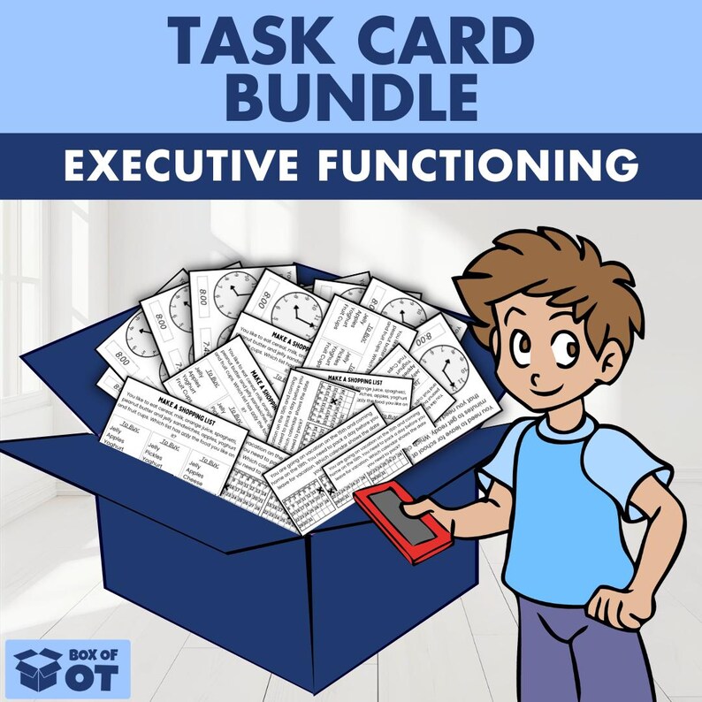 May include: A task card bundle for executive functioning featuring a blue box filled with printed cards showing clocks and shopping lists, next to a cartoon character holding a red tablet, with the text TASK CARD BUNDLE EXECUTIVE FUNCTIONING.
