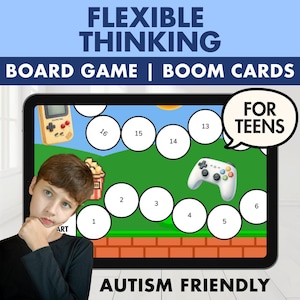 May include: A digital tablet screen displays a board game with numbered circles, a yellow handheld console, a white game controller, and a popcorn bucket. The text reads FLEXIBLE THINKING, BOARD GAME | BOOM CARDS, FOR TEENS, and AUTISM FRIENDLY.