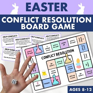 Op de afbeelding: Een paas-bordspel voor conflictoplossing met een pad van gekleurde vakjes, pionnen en kaarten. Het bord bevat teksten zoals 'Conflict Resolution', 'Start' en 'Finish', samen met illustraties van eieren en een kuikentje.