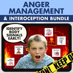 Pode incluir: Uma tela de tablet digital exibe um gráfico educacional intitulado Anger Management & Interoception Bundle. Apresenta uma criança com a boca aberta, cercada por ícones rotulados como Identify Body Signals Early, Busy Thoughts, Out of Control, Fast Heart, Exploding e Fast Breathing.