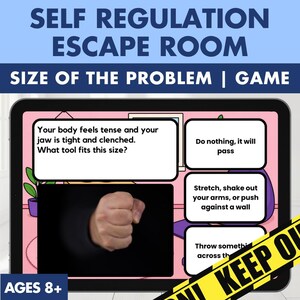 May include: A digital self-regulation escape room game for ages 8+ titled Size of the Problem. The screen displays a question about physical tension, a photograph of a clenched fist, and multiple-choice options including stretching or pushing against a wall.
