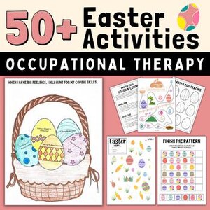 以下が含まれることがあります： イースターをテーマにした作業療法活動のコレクション。画像には、装飾された卵のバスケット、迷路、塗り絵、パターン認識エクササイズを含むアクティビティシートが含まれています。「50+ イースターアクティビティ」と「作業療法」というテキストが含まれています。