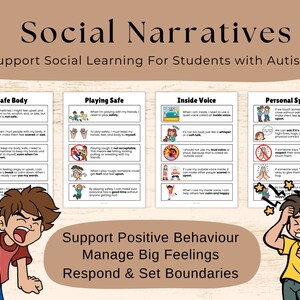 May include: Four colorful cards with illustrations and text about social narratives for students with autism. The cards are titled "Safe Body", "Playing Safe", "Inside Voice", and "Personal Space". The text on the cards provides tips for managing emotions, interacting with others, and respecting personal boundaries. The cards are designed to support positive behavior, manage big feelings, respond to situations, and set boundaries.