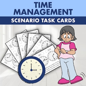 May include: Time management scenario task cards featuring a cartoon character checking a wristwatch, alongside multiple white cards displaying analog clock faces with times like 8:00 and 7:45, and a large blue circular clock icon at the bottom.