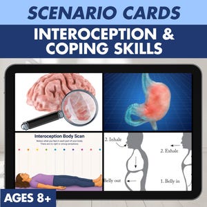 Pode incluir: Um tablet digital exibindo cartões de cenário educacionais intitulados Interoception & Coping Skills. A tela mostra quatro painéis: um cérebro com uma lupa, uma ilustração de estômago, um guia de escaneamento corporal e diagramas de respiração.