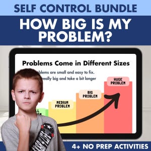 Op de afbeelding: Een digitale tablet toont een educatieve afbeelding met de titel How Big Is My Problem? en een staafdiagram over probleemgroottes. De tekst op het scherm luidt Problems Come in Different Sizes en 4+ NO PREP ACTIVITIES.