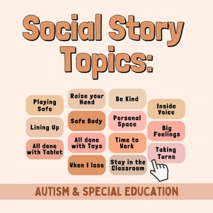 Puede incluir: Gr&aacute;fico color melocot&oacute;n con el texto "Social Story Topics:" en marr&oacute;n. Debajo, cuadros etiquetados con temas de historias sociales como "Playing Safe" y "Taking Turns". La parte inferior del gr&aacute;fico dice "AUTISM & SPECIAL EDUCATION".