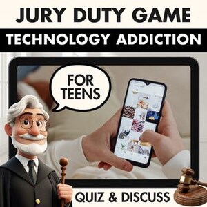 May include: An illustration of a judge holding a gavel next to a tablet displaying a smartphone. The smartphone screen shows social media content. Text on the tablet reads "JURY DUTY GAME TECHNOLOGY ADDICTION" and "FOR TEENS". A gavel is in the foreground.