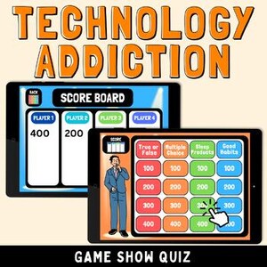 May include: Two black tablets displaying a game show quiz about technology addiction. One tablet shows a scoreboard with player slots. The other tablet features a game board with question categories and point values. The text "TECHNOLOGY ADDICTION" and "GAME SHOW QUIZ" are displayed.