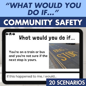 Könnte beinhalten: Ein digitaler Tablet-Bildschirm zeigt eine pädagogische Aktivität zur Sicherheit in der Gemeinschaft mit dem Titel WHAT WOULD YOU DO IF... COMMUNITY SAFETY. Der Bildschirm zeigt ein Szenario mit der Frage, was man tun würde, wenn man in einem Zug oder Bus ist und nicht sicher ist, ob die nächste Haltestelle die eigene ist, begleitet von einem Foto einer gelben BUS STOP Bodenmarkierung und der Aufforderung If this happened to me, I would... mit 20 SCENARIOS.
