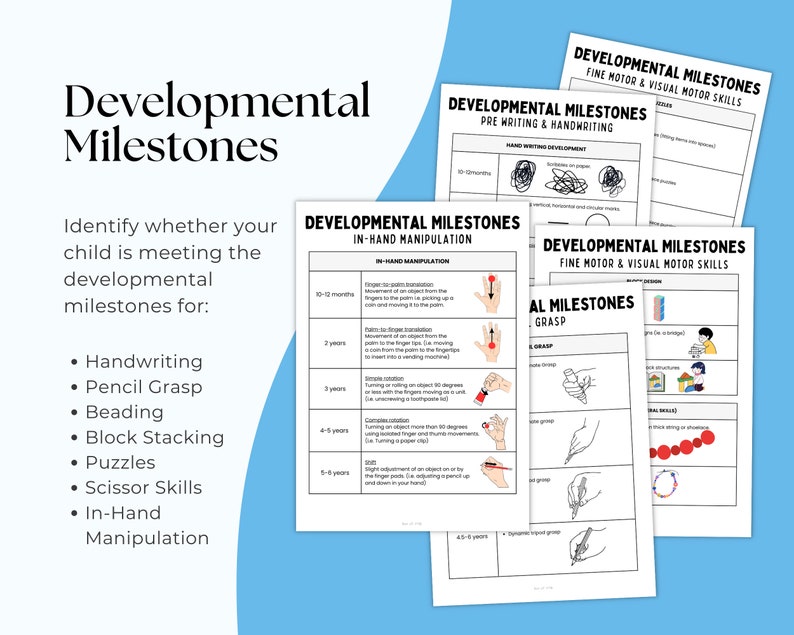 May include: A set of printable worksheets for tracking developmental milestones in children. The worksheets cover fine motor skills, visual motor skills, handwriting, pencil grasp, and in-hand manipulation. Each worksheet includes illustrations and descriptions of skills to look for at different ages.