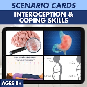 May include: A tablet screen shows "Scenario Cards" for "Interoception & Coping Skills." The display features a brain, a stomach, and diagrams for breathing exercises. The bottom left shows a person lying down. Text includes "Interoception Body Scan" and "Ages 8+".