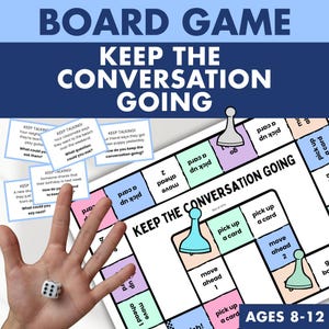 May include: A board game titled Keep the Conversation Going with a colorful game board, playing pieces, a six-sided die, and instruction cards. The board features squares with text like pick up a card and move ahead. The game is for ages 8-12.