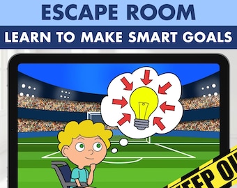 Juego de escape room para establecer objetivos, juego de habilidades sociales SMART Goals, terapia ocupacional para educación especial en autismo, juego educativo, tarjetas digitales Boom Cards
