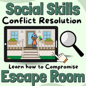 Peut inclure: Une tablette affiche une scène de jeu "Escape Room" avec le texte "Social Skills Conflict Resolution". Le jeu présente une maison de dessin animé, un personnage et un perroquet. Une loupe et une main pointant sont également visibles.