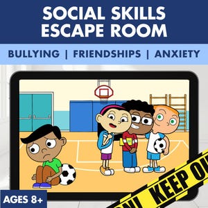 以下が含まれることがあります： デジタルタブレットには、学校の体育館で4人の子供たちが描かれた漫画のシーンが表示されています。1人の子供がサッカーボールを持って一人で座っており、他の3人は一緒に立っています。上部のテキストにはSOCIAL SKILLS ESCAPE ROOMと書かれています。