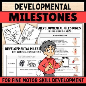 Puede incluir: Póster educativo titulado "Hitos del desarrollo" con una ilustración de dibujos animados de un niño sosteniendo un lápiz y un bloc de notas. El póster incluye texto y diagramas sobre preescritura, escritura a mano y habilidades de manipulación en la mano. Para el desarrollo de la motricidad fina.