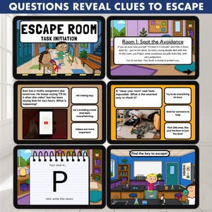 May include: A set of six illustrated cards with text and images related to an escape room game. The cards feature clues, challenges, and instructions, with titles like "Escape Room" and "Find the key to escape!"