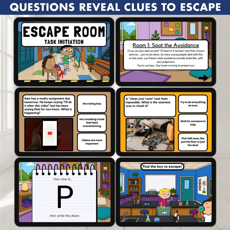 May include: A set of six illustrated cards with text and images related to an escape room game. The cards feature clues, challenges, and instructions, with titles like "Escape Room" and "Find the key to escape!"