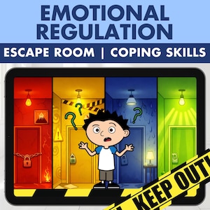以下が含まれることがあります： 「EMOTIONAL REGULATION ESCAPE ROOM | COPING SKILLS」のテキストが表示されたタブレット画面のデジタルイラスト。 漫画の男の子が、それぞれ異なるシーンと疑問符が付いた4つの色のドアの前に立っています。