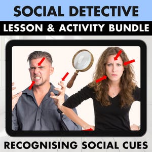 Puede incluir: Una tableta digital que muestra el texto SOCIAL DETECTIVE LESSON & ACTIVITY BUNDLE y RECOGNISING SOCIAL CUES. La pantalla presenta a un hombre y una mujer con rostros expresivos, una lupa y flechas rojas que señalan rasgos faciales.