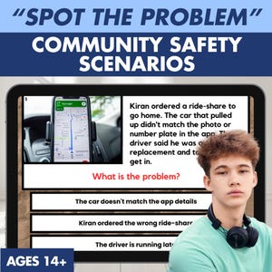 以下が含まれることがあります： SPOT THE PROBLEM COMMUNITY SAFETY SCENARIOS AGES 14+というタイトルの教育用デジタルディスプレイ。ライドシェアの安全性に関するシナリオが表示されています。画面にはスマートフォンのナビゲーションアプリと、複数の選択肢が提示されています。
