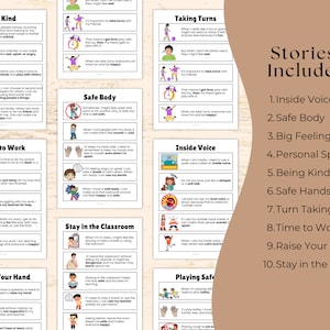 May include: A set of ten colorful printable posters for classroom use. Each poster features a different social-emotional learning skill, such as being kind, safe body, big feelings, personal space, being kind, safe hands, turn taking, time to work, raise your hand, and stay in the classroom. The posters are illustrated with cartoon characters and feature simple text.