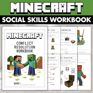 May include: A Minecraft Social Skills Workbook titled "Conflict Resolution Workbook." The cover shows pixelated characters shaking hands. Inside pages feature activities on compromising and self-regulation. The workbook is designed for children.