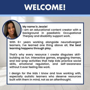 May include: A rectangular informational graphic with a dark blue header reading WELCOME! and a white body containing text about an educational content creator named Jessie. A circular portrait of a person is positioned in the upper left corner.