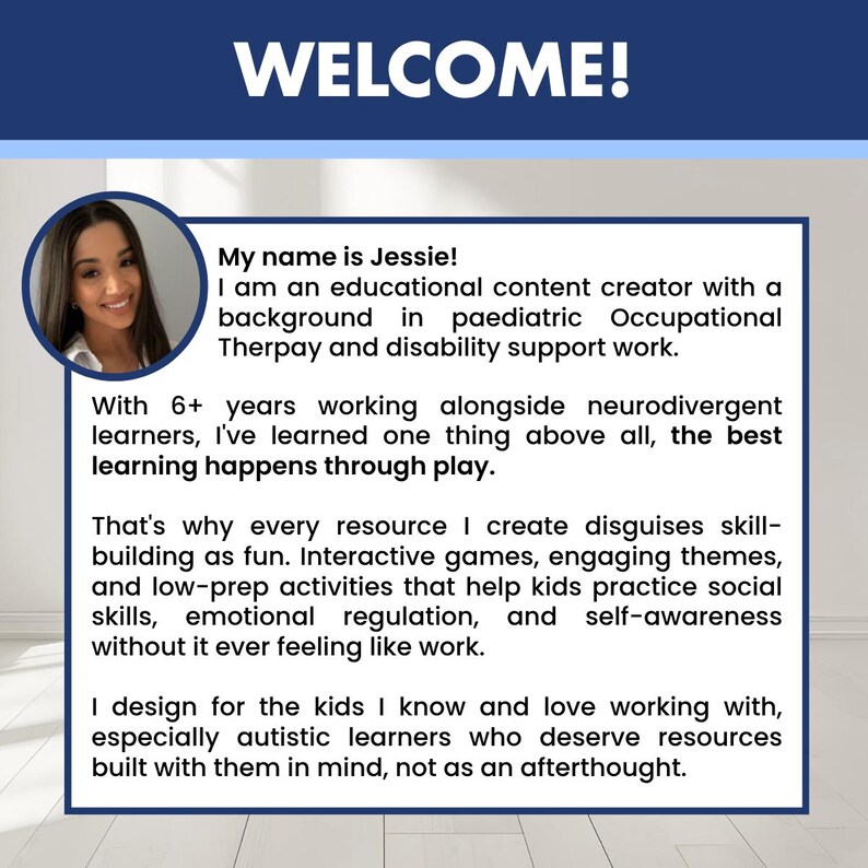 May include: A rectangular informational graphic with a dark blue header reading WELCOME! and a white body containing text about an educational content creator named Jessie. A circular portrait of a person is positioned in the upper left corner.