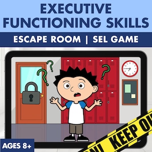 May include: A digital tablet screen displays an educational game titled EXECUTIVE FUNCTIONING SKILLS ESCAPE ROOM | SEL GAME. The scene features a cartoon character in a school hallway with red lockers, a locked door, a clock, and green question marks.