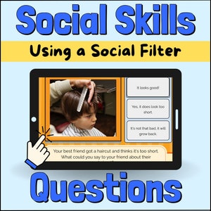 Vragen over sociale vaardigheden voor speciaal onderwijs, autisme en sociaal-emotioneel leren, een sociaal filter gebruiken, Boom Card-activiteit, online quiz