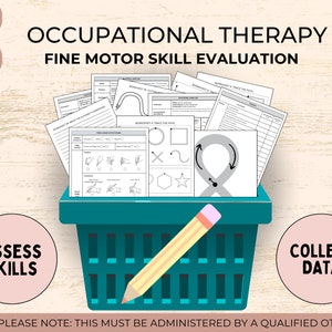 Puede incluir: Una cesta azul turquesa llena de hojas de trabajo en blanco y negro para una evaluación de habilidades motoras finas de terapia ocupacional. El texto "OCCUPATIONAL THERAPY FINE MOTOR SKILL EVALUATION" está en la parte superior de la imagen. El texto "ASSESS SKILLS" está en un círculo rosa en el lado izquierdo de la imagen. El texto "COLLECT DATA" está en un círculo rosa en el lado derecho de la imagen. Un lápiz amarillo sobresale de la cesta.