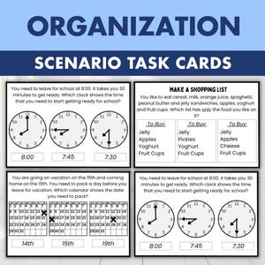 May include: A set of four white rectangular organization scenario task cards with black text and graphics. The cards feature math and logic problems involving analog clocks, shopping lists, and calendars with dates and times clearly printed.