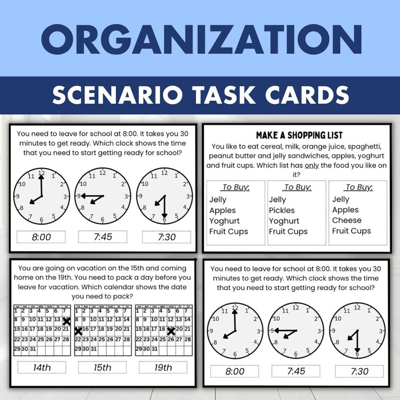 May include: A set of four white rectangular organization scenario task cards with black text and graphics. The cards feature math and logic problems involving analog clocks, shopping lists, and calendars with dates and times clearly printed.