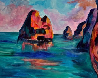 Algarve Coast Painting: Original Acrylic Seascape, Portugal (14" x 14")