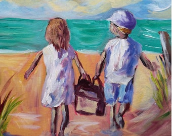 Original Painting of kids on the beach | acrylic expressionist take on a girl and boy towing a bag full of toys to the beach | 12" x 12"