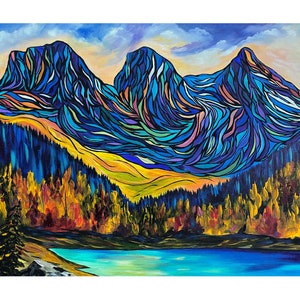Colourful original painting of the Three Sisters in Canmore Alberta near Banff National Park and the Canadian Rockies.