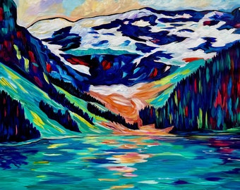 Large Affordable Original Painting of the Lake Louise | Large Wall Art | UN-STRETCHED 38" x 36" Canvas Roll | gift for nature-lovers