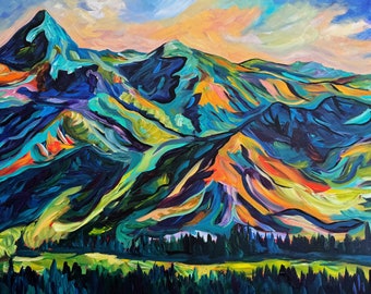 Original Painting of the Canadian Rockies view from Kimberly Ski Hill on 24" x 36" Gallery Wrap Canvas is perfect for a cozy home decor