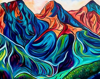 Three Sisters Canmore Painting | Canadian Rockies Wall Art | Mountain Landscape for Nature Lovers & Hikers