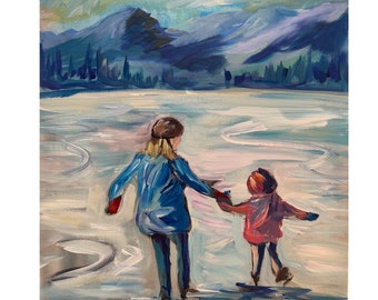 Sérénité en montagne : la raie joyeuse d'une mère et de son enfant sur des eaux gelées, peinture expressionniste originale 12 x 12 po