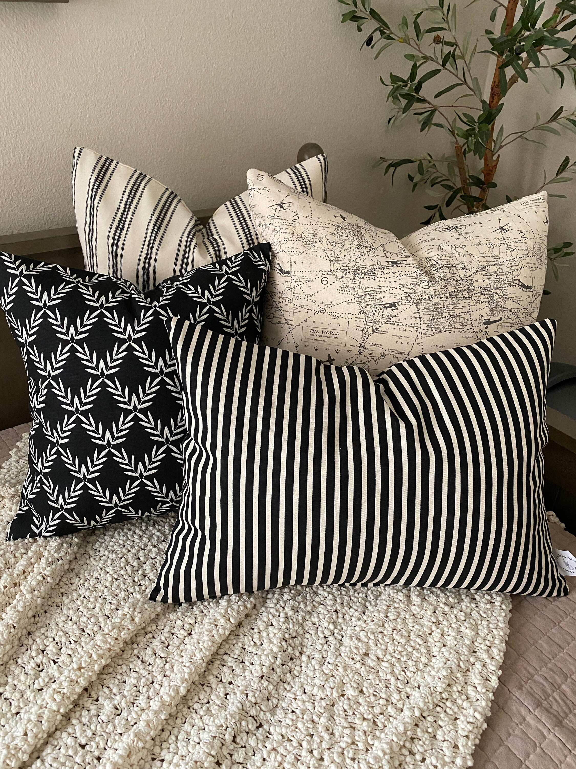 Black and Beige Grain Sack-material-black Stripe Grain Sack Pillow