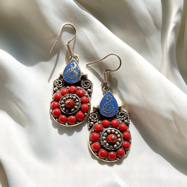 Tibetan Earrings Goddess Floral Shape/Drop Tibetan/Nepal/Kathmandu/Turquoise/Coral/Boho/Gypsy/Hippy/Festival/Buddhist/Bohemian/Ethnic/Tribal