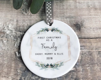 Personalised First Christmas as a family Mummy Daddy New Baby Botanical Greenery Design Ceramic Round Ornament Keepsake