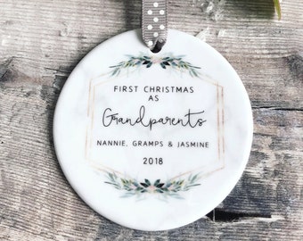 Personalised First Christmas as Grandparents gift Gran Grandma Nanna New Baby Botanical Greenery Ceramic or acrylic Round Ornament Keepsake